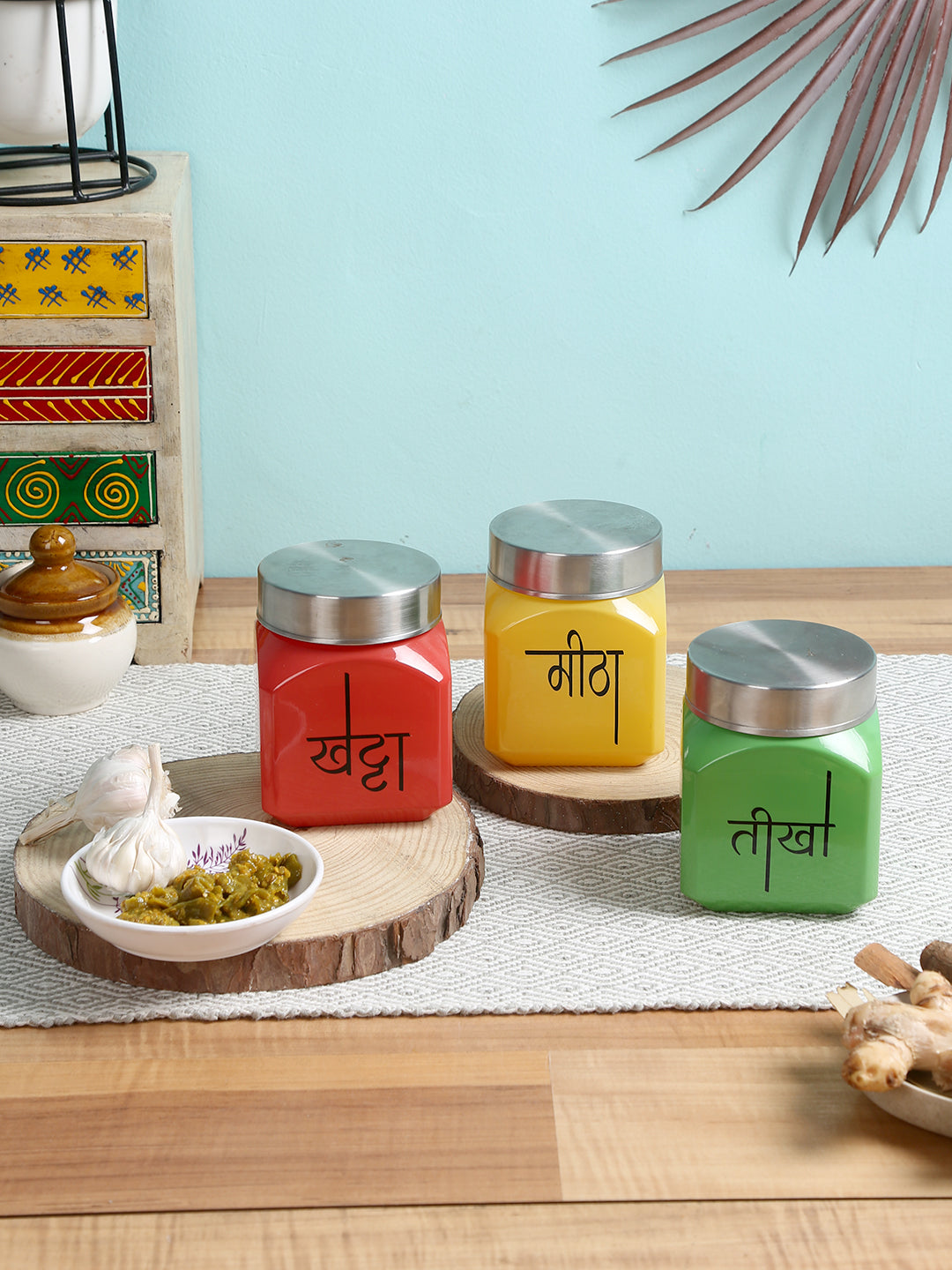 Storehaus Pickle Jar Set Glass -Metalic Lid 350 mL (Set of 3), (Green Red +Yellow)