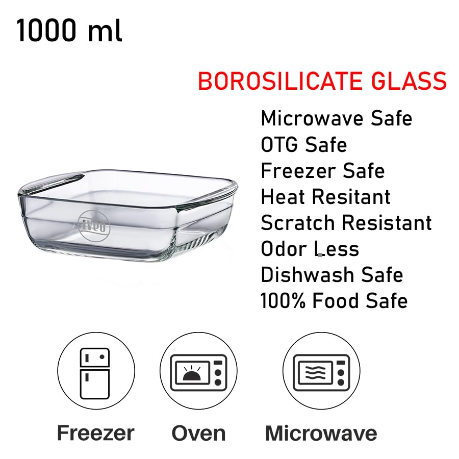 Borosilicate Glass Baking Tray by iveo, Microwave Safe Tray Bake Mate | for baking, Cake, Bread, Lasagna, Delious Bakery Food | 1.0 L, Square, 1 Pc, Clear