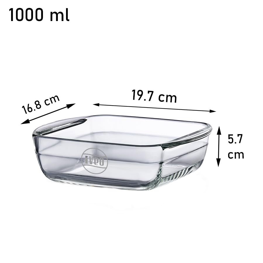 Borosilicate Glass Baking Tray by iveo, Microwave Safe Tray Bake Mate | for baking, Cake, Bread, Lasagna, Delious Bakery Food | 1.0 L, Square, 1 Pc, Clear