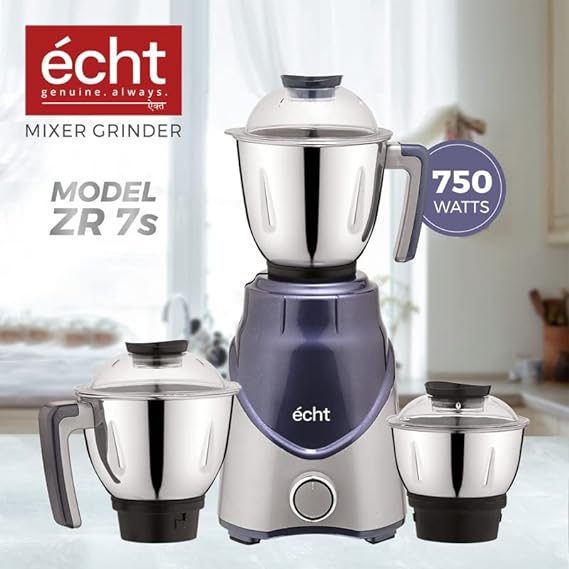 Echt ZR 7S Mixer Grinder 750 Watt, 3 Stainless Steel Jars, Wet Jar (1500 ml), Multipurpose Jar (1000 ml) and Chutney Jar (300ml) ; with 3 Speed Control, with 2 years warranty, Silver + Blue