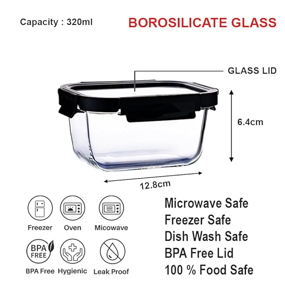 IVEO Borosilicate Glass Container, Glass N Glass | Microwave Safe Food Container | Cook Serve Store | for Carrying and Storing Food | with GLASS LID | Leak proof | 320 ml, Square, 1 Pc, Black