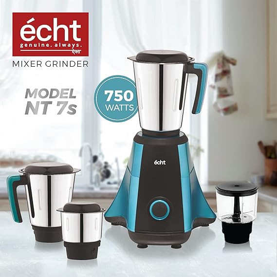 Echt NT 7s Mixer Grinder 750 Watt, 4 Stainless Steel Jars,Wet Jar (1500 ml), Multipurpose Jar (1000 ml), Chutney Jar (300ml) & Chopper Jar (500ml); with 3 Speed Control, with 2 years warranty, Blue