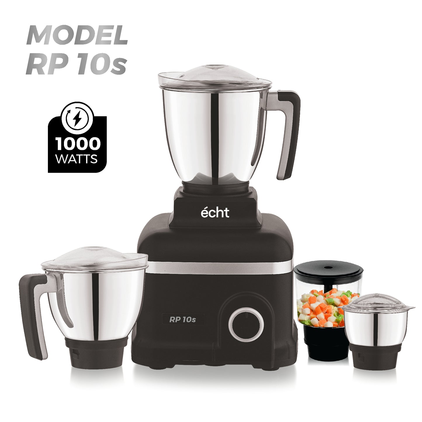 Echt RP 10s Mixer Grinder 1000 Watt,4 Stainless Steel Jars,Wet Jar (1500 ml), Multipurpose Jar (1000 ml), Chutney Jar (300 ml) and Chopper Jar (500ml);3 Speed Control, with 2 years warranty, Black
