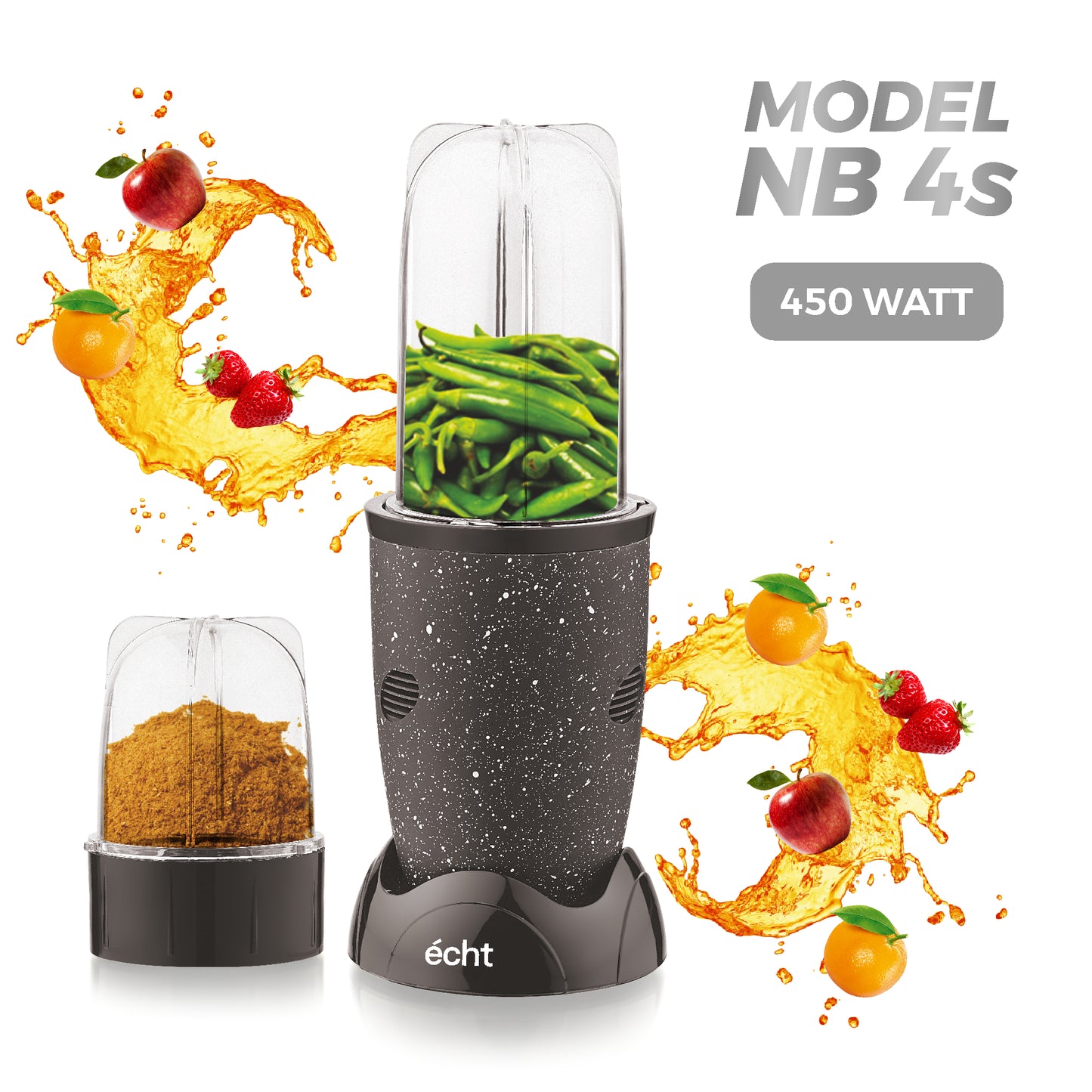 NUTRI BLENDER Grinder by Echt, NB4s 450 Watt,2 Multi purpose Jars for juices, smoothies, shakes, chutneys and dry masala; The Long Jar (500ml) & the Short Jar (300ml) 2 years warranty, Black Splatter