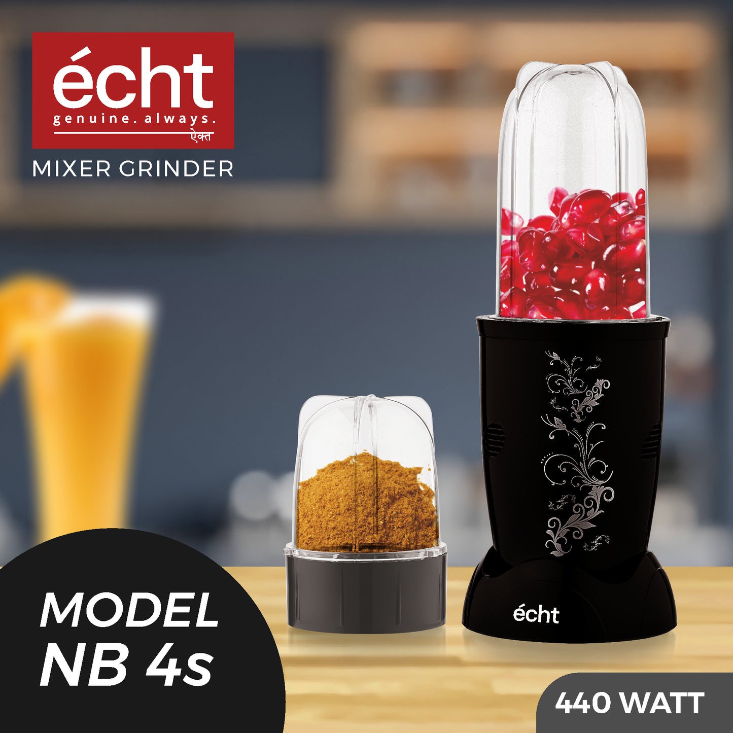 NUTRI BLENDER Grinder by Echt, NB4s 450 Watt,2 Multi purpose Jars for juices, smoothies, shakes, chutneys and dry masala; The Long Jar (500ml) & the Short Jar (300ml) 2 years warranty, Black Print