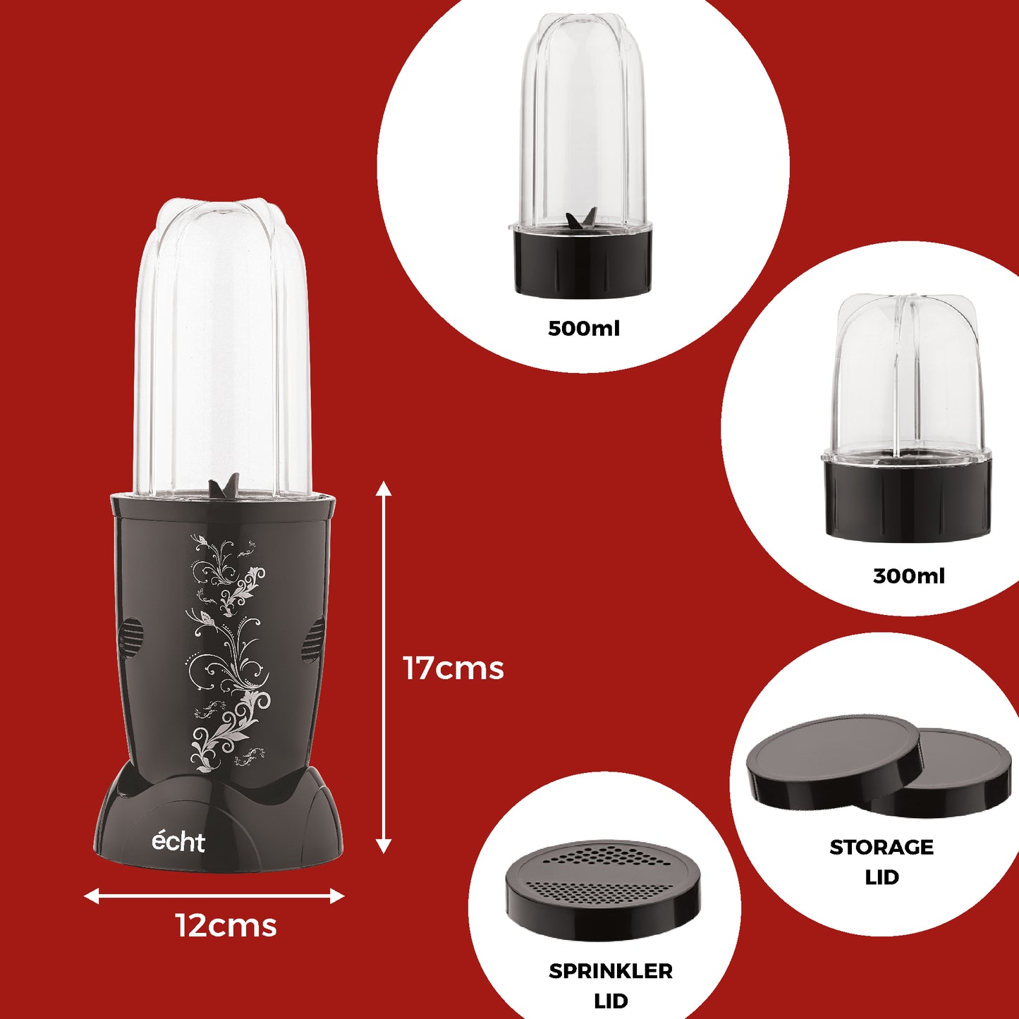 NUTRI BLENDER Grinder by Echt, NB4s 450 Watt,2 Multi purpose Jars for juices, smoothies, shakes, chutneys and dry masala; The Long Jar (500ml) & the Short Jar (300ml) 2 years warranty, Black Print