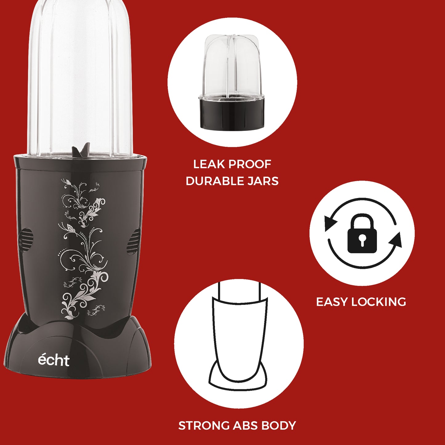 NUTRI BLENDER Grinder by Echt, NB4s 450 Watt,2 Multi purpose Jars for juices, smoothies, shakes, chutneys and dry masala; The Long Jar (500ml) & the Short Jar (300ml) 2 years warranty, Black Print