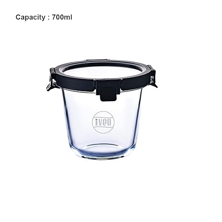 IVEO Borosilicate Glass Container, Glass N Glass | Microwave Safe Deep Food Container | Cook Serve Store | for Carrying and Storing Food | with GLASS LID | Leak proof | 700 ml, Round, 1 Pc, Black