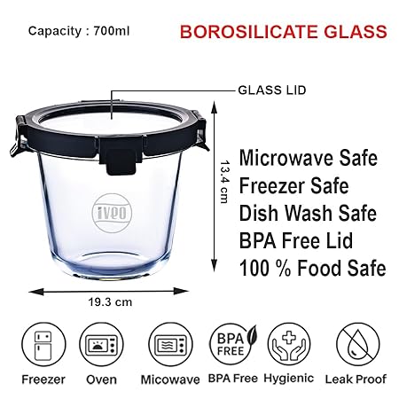 IVEO Borosilicate Glass Container, Glass N Glass | Microwave Safe Deep Food Container | Cook Serve Store | for Carrying and Storing Food | with GLASS LID | Leak proof | 700 ml, Round, 1 Pc, Black