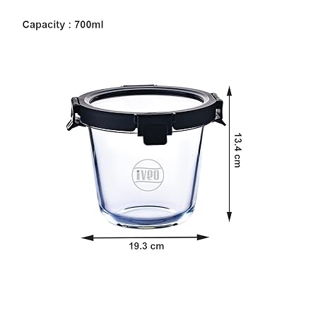 IVEO Borosilicate Glass Container, Glass N Glass | Microwave Safe Deep Food Container | Cook Serve Store | for Carrying and Storing Food | with GLASS LID | Leak proof | 700 ml, Round, 1 Pc, Black