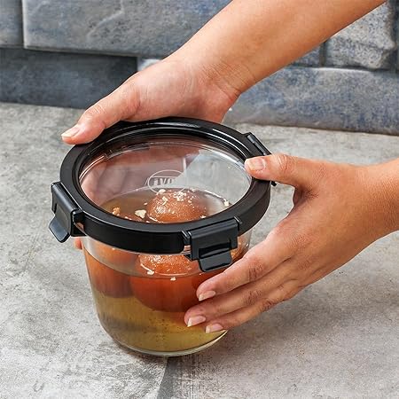 IVEO Borosilicate Glass Container, Glass N Glass | Microwave Safe Deep Food Container | Cook Serve Store | for Carrying and Storing Food | with GLASS LID | Leak proof | 700 ml, Round, 1 Pc, Black