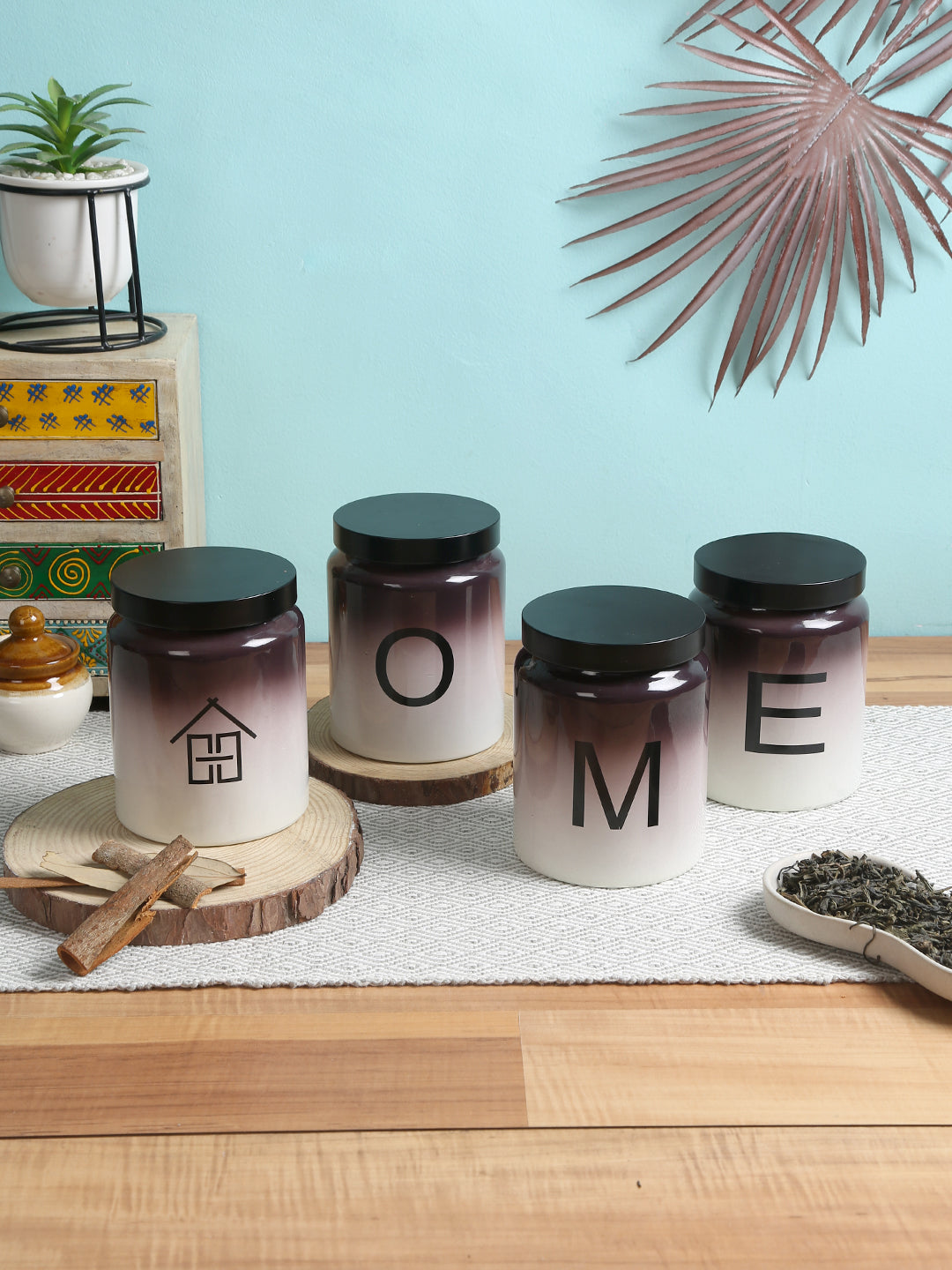 Storehaus Home Storage Jar - Metalic Lid, 590 ml (Set of 4), Black+ white colour