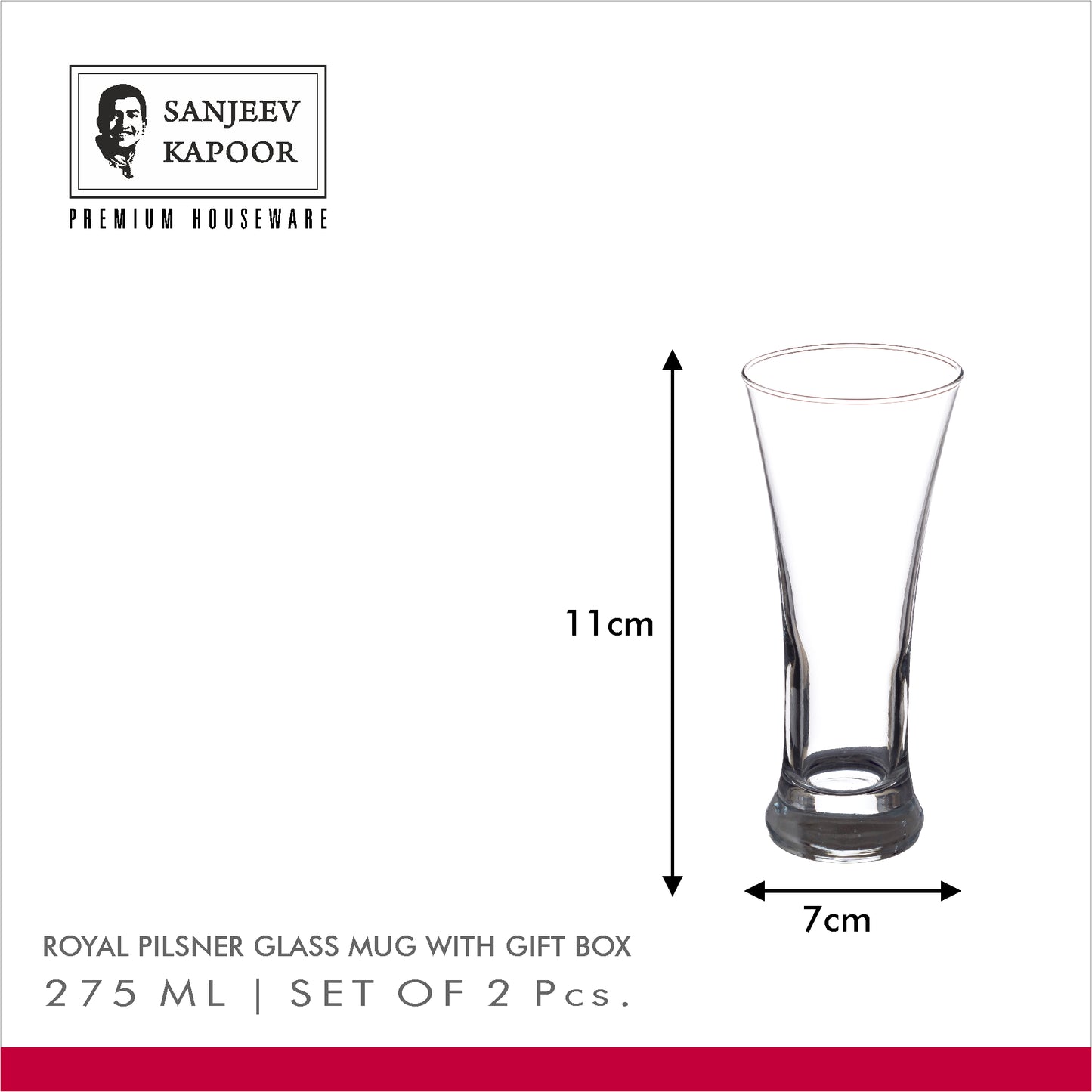 Sanjeev Kapoor Royal Pilsner Glass Set of 2 PC - 275ml, Transparent