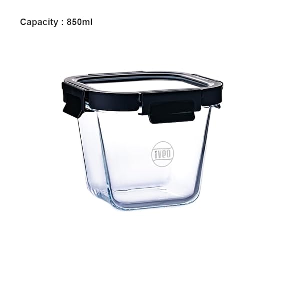 IVEO Borosilicate Glass Container, Glass N Glass | Microwave Safe Deep Food Container | Cook Serve Store | for Carrying and Storing Food | with GLASS LID | Leak proof | 850 ml, Square, 1 Pc, Black