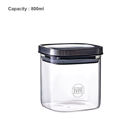 IVEO Borosilicate Glass Jar, Air Tight Jar for Kitchen | Space Saver | for Storage of Food, Pulses, Spice, Cereals, Cookies, Dry Food | With Steel Lid | Leak Proof | 800 ml, Square, 1 Pc, Clear