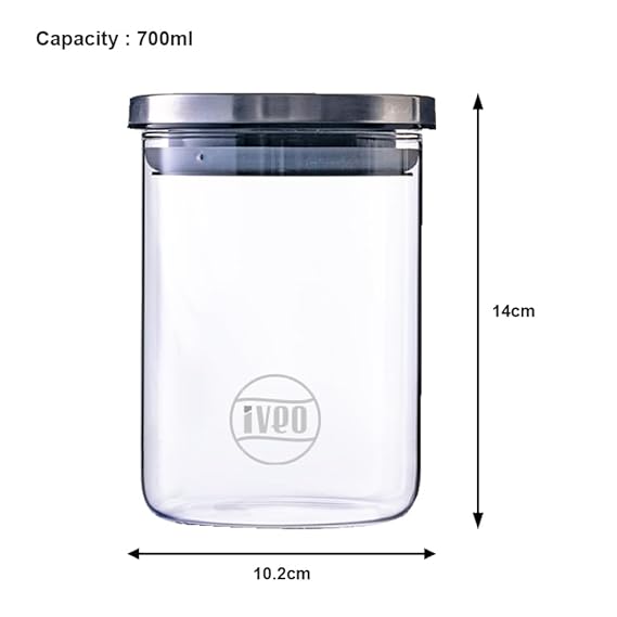 IVEO Borosilicate Glass Jar, Air Tight Jar for Kitchen, Store Max | for Storage of Food, Pulses, Spice, Cereals, Cookies, Dry Food | With Steel Lid | Leak Proof | 700 ml, Round, 2 Pcs, Clear