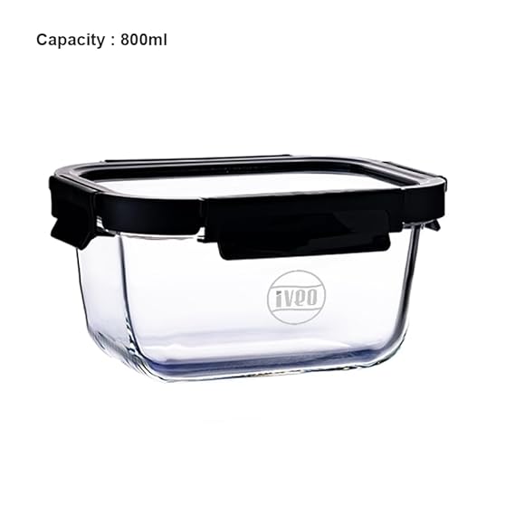 IVEO Borosilicate Glass Container, Glass N Glass | Microwave Safe Food Container | Cook Serve Store | for Carrying and Storing Food | with GLASS LID | Leak proof | 800 ml, Square, 1 Pc, Black