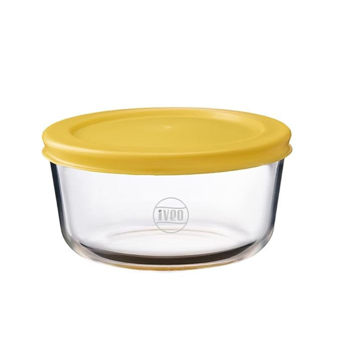 Iveo Borosilicate Glass Container, Fresh Mate | Microwave Safe Food Container | Cook Serve Store | for Carrying and Storing Food | Fresh Storage | 472 ml, Round, 2 Pcs, Yellow