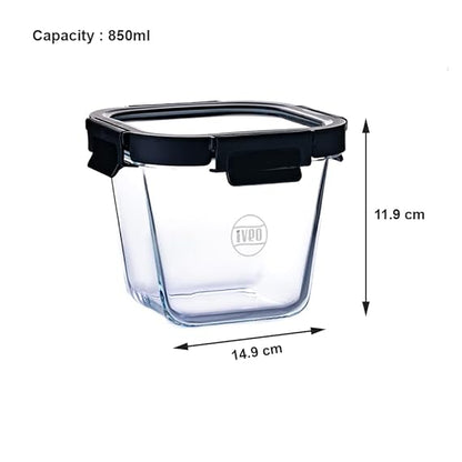 IVEO Borosilicate Glass Container, Glass N Glass | Microwave Safe Deep Food Container | Cook Serve Store | for Carrying and Storing Food | with GLASS LID | Leak proof | 850 ml, Square, 1 Pc, Black