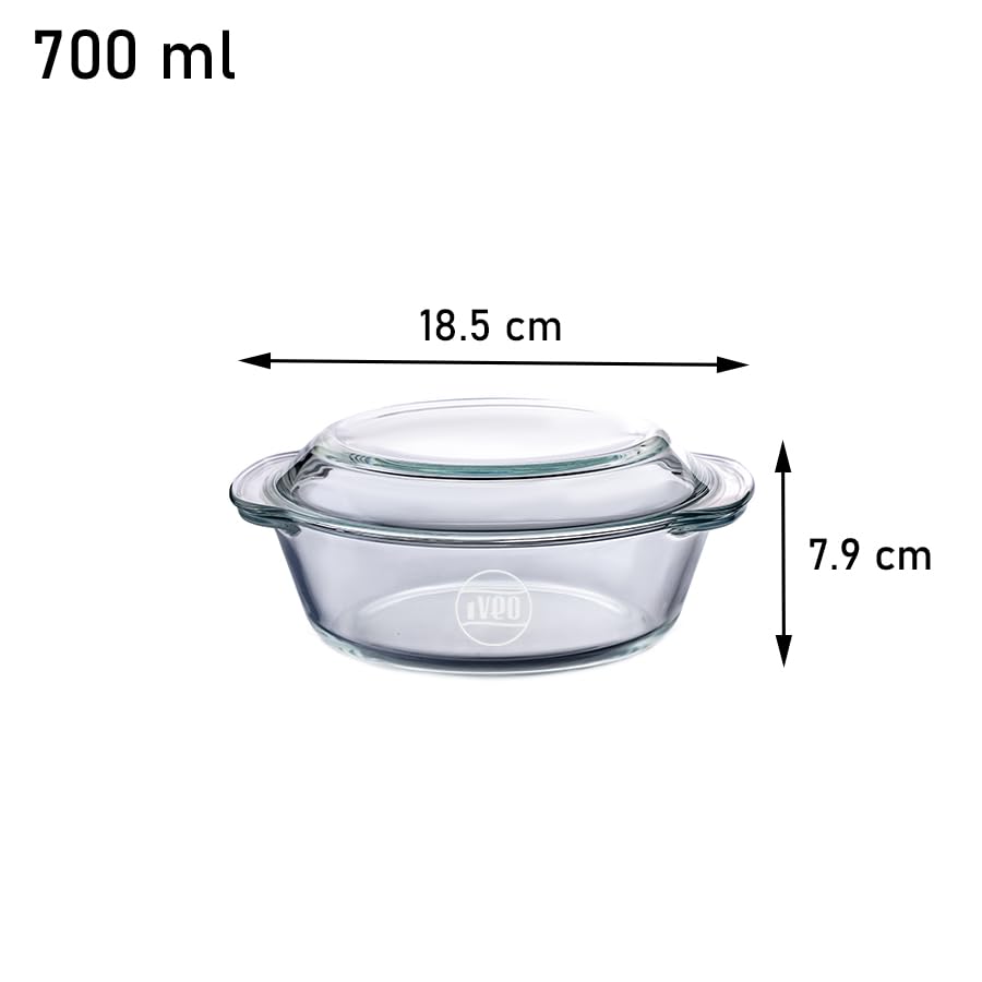 Borosilicate Glass Casserole by iveo, Microwave Safe Cook Serve Stotre Casserole Bake Mate | for Cooking Rice, Curry, Cake, Delious Bakery Food | With Lid | 700 ml, Round, 1 Pc, Clear