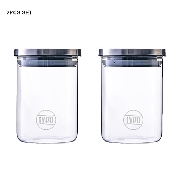 IVEO Borosilicate Glass Jar, Air Tight Jar for Kitchen, Store Max | for Storage of Food, Pulses, Spice, Cereals, Cookies, Dry Food | With Steel Lid | Leak Proof | 700 ml, Round, 2 Pcs, Clear