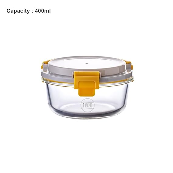 IVEO Borosilicate Glass Container, Lock Fresh | Microwave Safe Food Container | Lunch Box, Cook Serve Store | for Carrying and Storing Food | Air Tight | Leak Proof | 400 ml, Round, 1 Pc, Beige