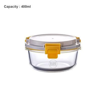 IVEO Borosilicate Glass Container, Lock Fresh | Microwave Safe Food Container | Lunch Box, Cook Serve Store | for Carrying and Storing Food | Air Tight | Leak Proof | 400 ml, Round, 1 Pc, Beige