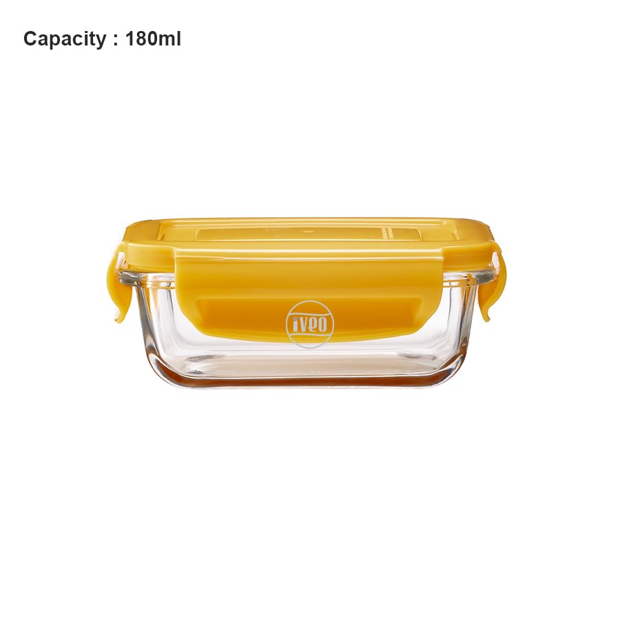 IVEO Borosilicate Glass Container, Fresh Nano | Microwave Safe Mini Food Container | Lunch Box | for Carrying and Storing Food | Air Tight | Leak Proof Food Storage | 180 ml, Rectangle,1 Pc,Yellow