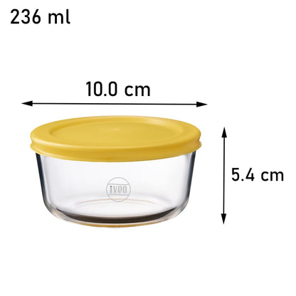 Iveo Borosilicate Glass Container, Fresh Mate | Microwave Safe Food Container | Cook Serve Store | for Carrying and Storing Food | Fresh Storage | 236 ml, Round, 2 Pcs, Yellow