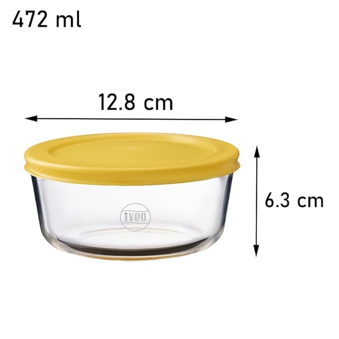 Iveo Borosilicate Glass Container, Fresh Mate | Microwave Safe Food Container | Cook Serve Store | for Carrying and Storing Food | Fresh Storage | 472 ml, Round, 2 Pcs, Yellow