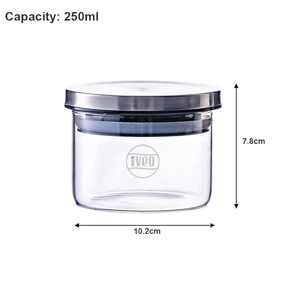 IVEO Borosilicate Glass Jar, Air Tight Jar for Kitchen, Store Max | for Storage of Food, Pulses, Spice, Cereals, Cookies, Dry Food | With Steel Lid | Leak Proof | 250 ml, Round, 2 Pcs, Clear