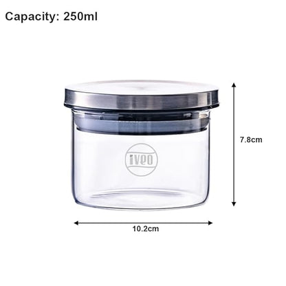 IVEO Borosilicate Glass Jar, Air Tight Jar for Kitchen, Store Max | for Storage of Food, Pulses, Spice, Cereals, Cookies, Dry Food | With Steel Lid | Leak Proof | 250 ml, Round, 2 Pcs, Clear