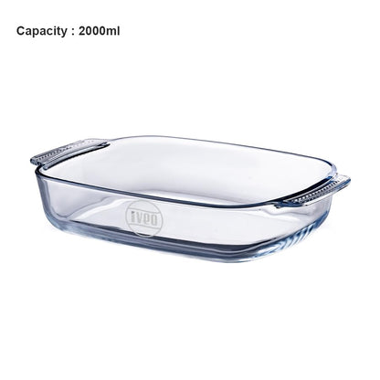 Borosilicate Glass Baking Tray by iveo, Bake Mate | Microwave Safe Tray Bake Mate | for baking, Cake, Bread, Lasagna, Delious Bakery Food | 2.0 L, Rectangle, 1 Pc, Clear