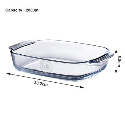 Borosilicate Glass Baking Tray by iveo, Bake Mate | Microwave Safe Tray Bake Mate | for baking, Cake, Bread, Lasagna, Delious Bakery Food | 2.0 L, Rectangle, 1 Pc, Clear