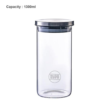 IVEO Borosilicate Glass Jar, Air Tight Jar for Kitchen, Store Max | for Storage of Food, Pulses, Spice, Cereals, Cookies, Dry Food | With Steel Lid | Leak Proof | 1300 ml, Round, 1 Pc, Clear