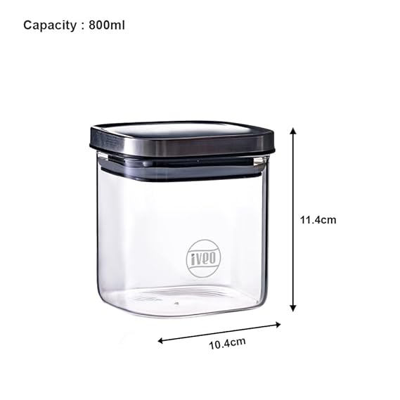 IVEO Borosilicate Glass Jar, Air Tight Jar for Kitchen | Space Saver | for Storage of Food, Pulses, Spice, Cereals, Cookies, Dry Food | With Steel Lid | Leak Proof | 800 ml, Square, 1 Pc, Clear