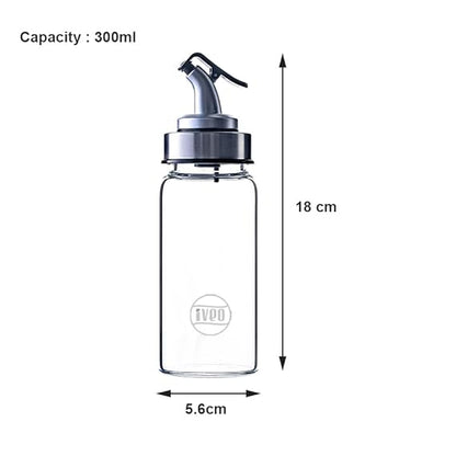 IVEO Borosilicate Glass Oil and Vinegar Bottle, Glass Dispenser for Oil, Vinegar Storage in Kitchen | Easy pouring & Storing | with SS Lid top | 300 ml, 1 Pc, Clear