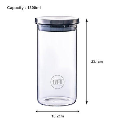 IVEO Borosilicate Glass Jar, Air Tight Jar for Kitchen, Store Max | for Storage of Food, Pulses, Spice, Cereals, Cookies, Dry Food | With Steel Lid | Leak Proof | 1300 ml, Round, 1 Pc, Clear