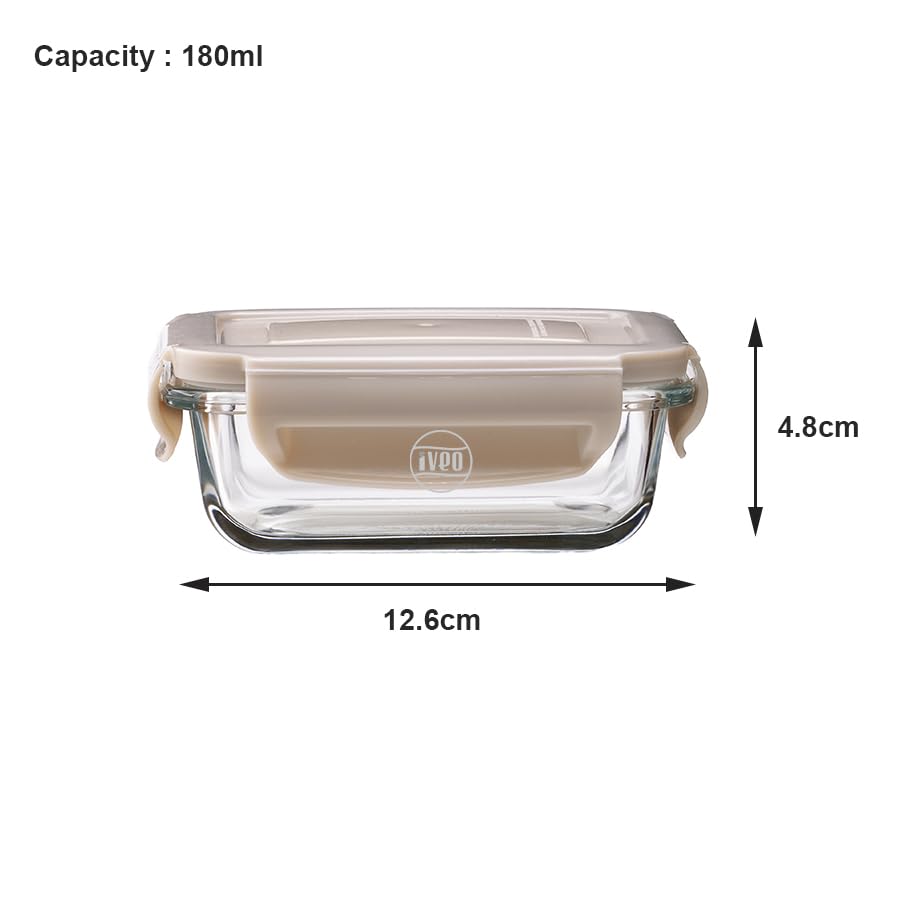 IVEO Borosilicate Glass Container, Fresh Nano | Microwave Safe Mini Food Container | Lunch Box | for Carrying and Storing Food | Air Tight | Leak Proof | 180 ml, Rectangle, 1 Pc, Beige