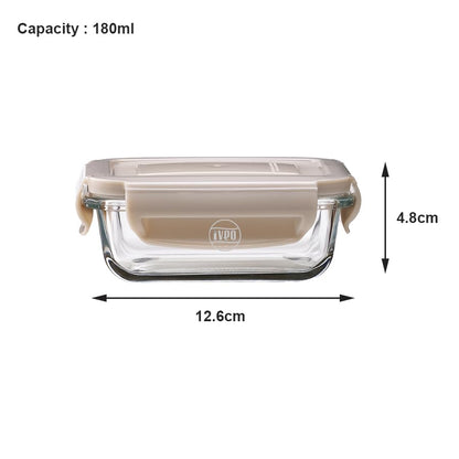 IVEO Borosilicate Glass Container, Fresh Nano | Microwave Safe Mini Food Container | Lunch Box | for Carrying and Storing Food | Air Tight | Leak Proof | 180 ml, Rectangle, 1 Pc, Beige