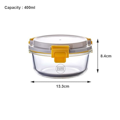 IVEO Borosilicate Glass Container, Lock Fresh | Microwave Safe Food Container | Lunch Box, Cook Serve Store | for Carrying and Storing Food | Air Tight | Leak Proof | 400 ml, Round, 1 Pc, Beige