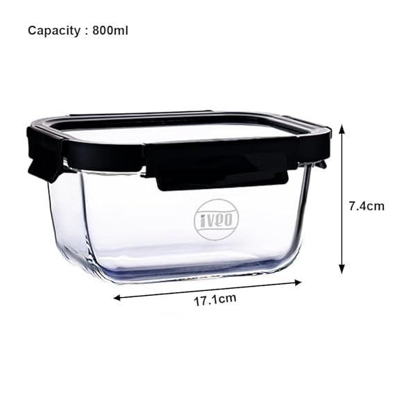 IVEO Borosilicate Glass Container, Glass N Glass | Microwave Safe Food Container | Cook Serve Store | for Carrying and Storing Food | with GLASS LID | Leak proof | 800 ml, Square, 1 Pc, Black