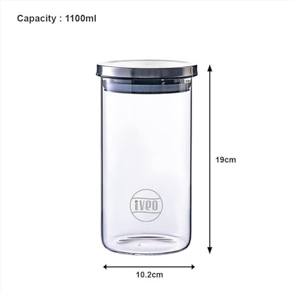 IVEO Borosilicate Glass Jar, Air Tight Jar for Kitchen, Store Max | for Storage of Food, Pulses, Spice, Cereals, Cookies, Dry Food | With Steel Lid | Leak Proof | 1100 ml, Round, 1 Pc, Clear