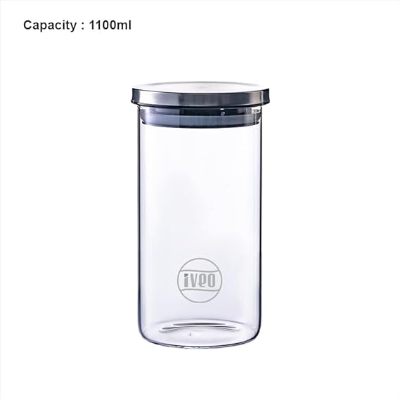 IVEO Borosilicate Glass Jar, Air Tight Jar for Kitchen, Store Max | for Storage of Food, Pulses, Spice, Cereals, Cookies, Dry Food | With Steel Lid | Leak Proof | 1100 ml, Round, 1 Pc, Clear