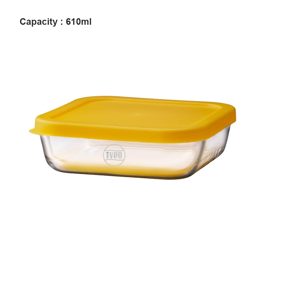 IVEO Borosilicate Glass Container, Fresh Mate | Microwave Safe Food Container | Cook Serve Store | for Carrying and Storing Food | Slim Food Container | Stay Healthy | 1170 ml, Square, 1 Pc,Yellow