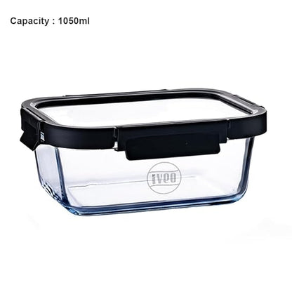 IVEO Borosilicate Glass Container, Glass N Glass | Microwave Safe Food Container | Cook Serve Store | for Carrying and Storing Food | with GLASS LID | Leak proof | 1050 ml, Rectangle, 1 Pc, Black