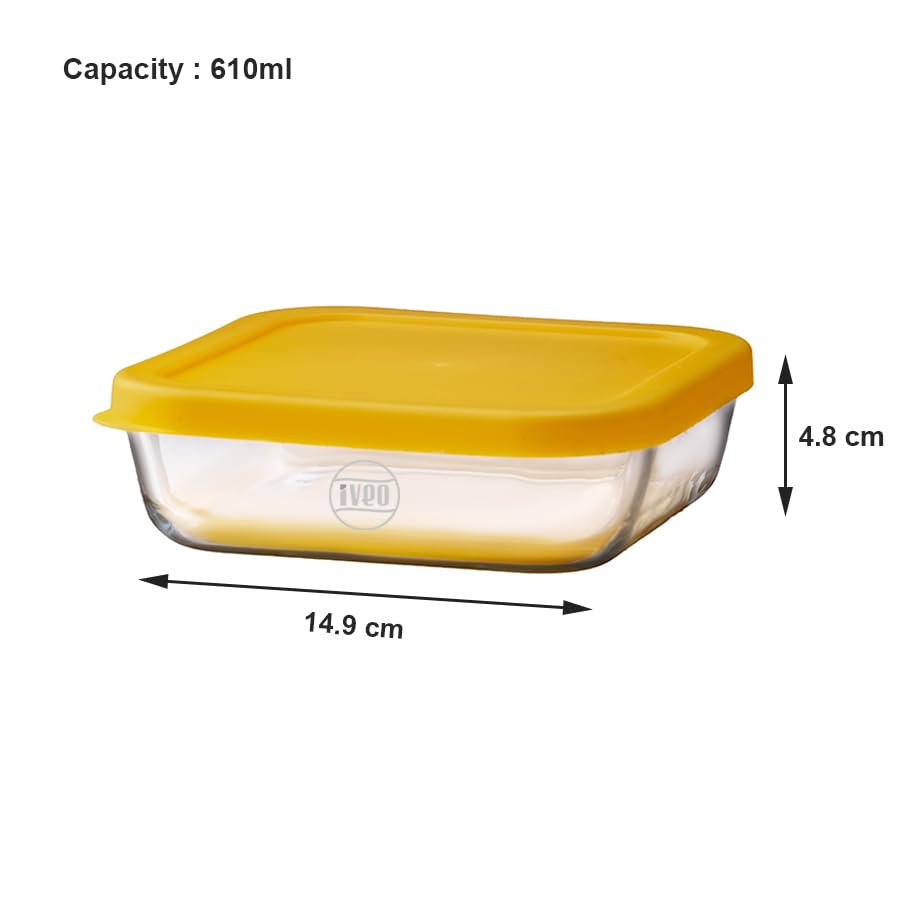 IVEO Borosilicate Glass Container, Fresh Mate | Microwave Safe Food Container | Cook Serve Store | for Carrying and Storing Food | Slim Food Container | Stay Healthy | 1170 ml, Square, 1 Pc,Yellow