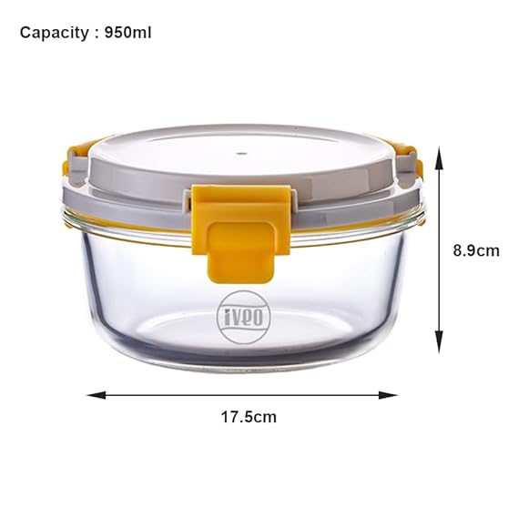 IVEO Borosilicate Glass Container, Lock Fresh | Microwave Safe Food Container | Lunch Box, Cook Serve Store | for Carrying and Storing Food | Air Tight | Leak Proof | 950 ml, Round, 1 Pc, Beige