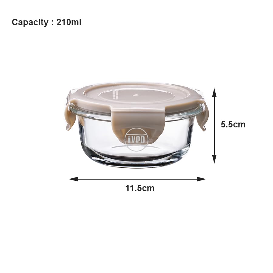 IVEO Borosilicate Glass Container, Fresh Nano | Microwave Safe Mini Food Container | Lunch Box | for Carrying and Storing Food | Air Tight | Leak Proof Food Storage | 210 ml, Round, 1 Pc, Beige