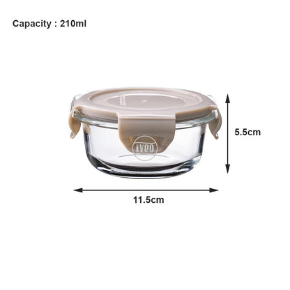 IVEO Borosilicate Glass Container, Fresh Nano | Microwave Safe Mini Food Container | Lunch Box | for Carrying and Storing Food | Air Tight | Leak Proof Food Storage | 210 ml, Round, 1 Pc, Beige